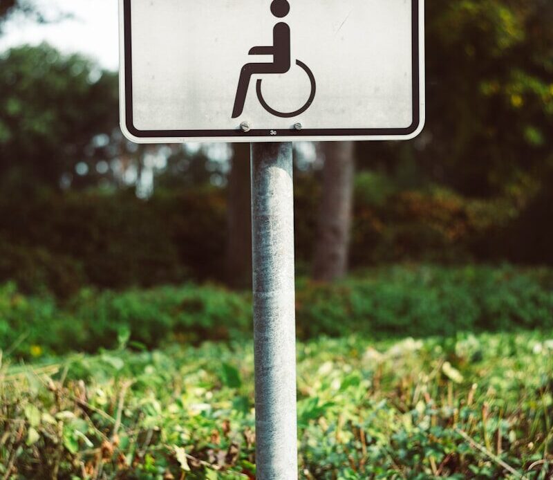 a handicapped sign in the middle of a field