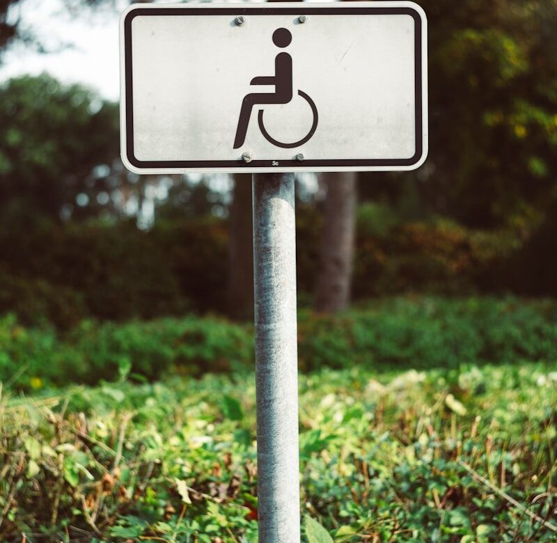 a handicapped sign in the middle of a field
